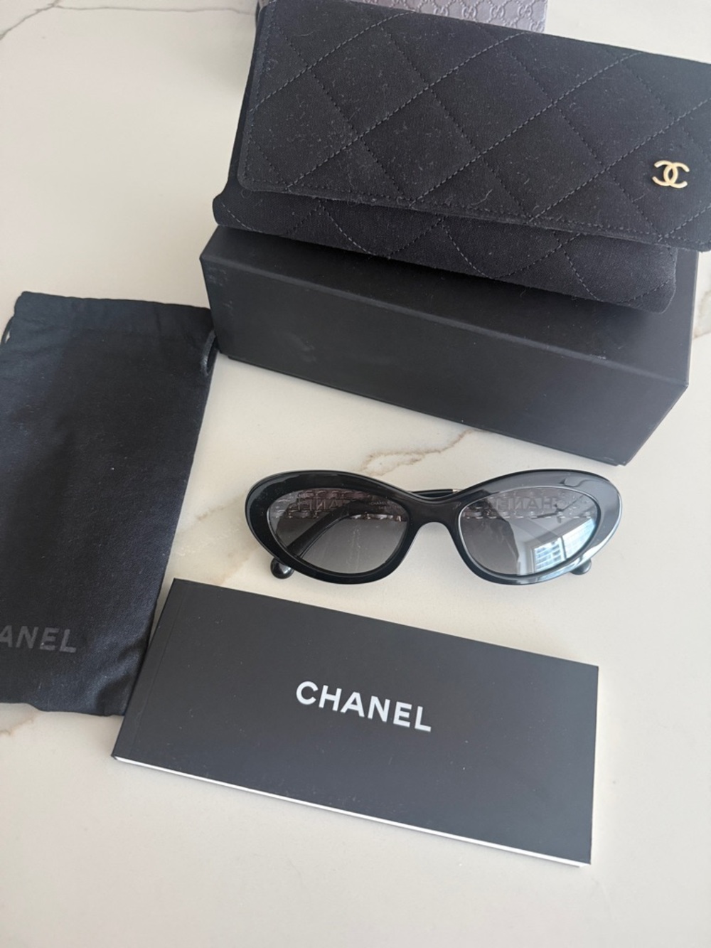 CHANEL Black Cat-Eye Sunglasses with Quilted Case